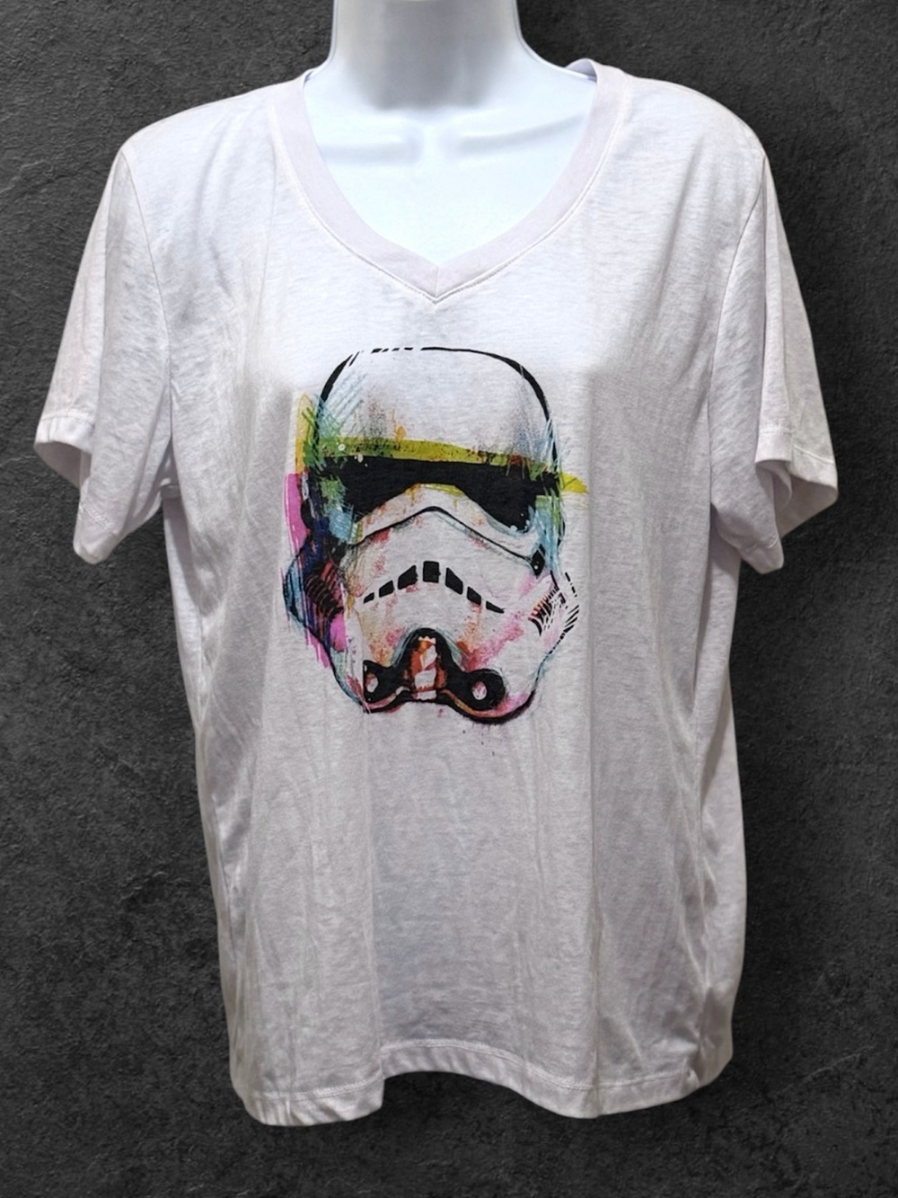 Women’s White V-Neck Tee with Colorful Stormtrooper Graphic